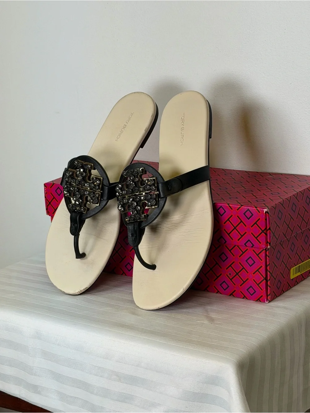 Tory Burch ‘Miller’ Crystal Embellished Iconic Logo Soft Sandals Women’s Size 8